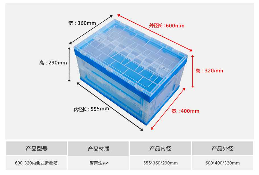 軒盛塑業(yè)600-320塑料內(nèi)倒式折疊周轉(zhuǎn)箱透明款